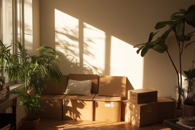Das Bild zeigt gepackte Umzugskisten, die in einem Wohnzimmer in Berlin stehen.
